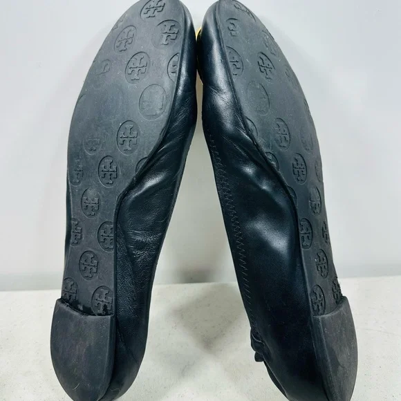 TORY BURCH BLACK LEATHER GOLD REVA BALLET FLATS SZ 9 - Picture 5 of 6